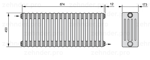 Схема (чертеж) Радиатор Zehnder Charleston 5045/19 №1670 Белый глянцевый RAL 9016